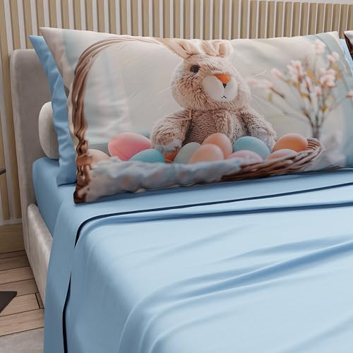 PETTI Artigiani Italiani - Easter Bed Linen in Cotton with Pillowcases in Digital Print, French Quarter Size, Easter Bed Sheet Set Top and Bottom with Corners, 14 Light Blue, Made in Italy