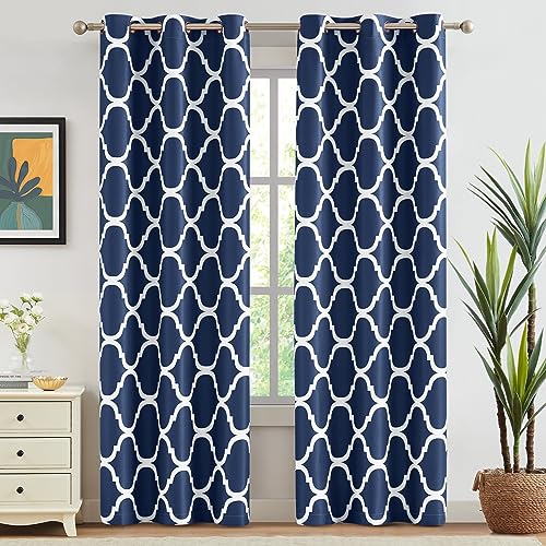 "Melodieux Navy Blue Moroccan Blackout Curtains 96 Inches Long for Living Room Bedroom, Room Darkening Grommet Drapes, 42"" W x 96"" L, 2 Panels"