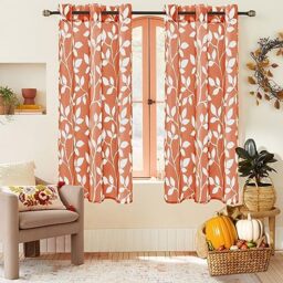 XTMYI Orange Sheer Curtains 63 Inch Length for Bedroom 2 Panel Set Grommet Rust Colored Boho Leaf Printed Patterned Curtians for Living Room