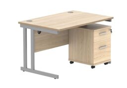 Office Hippo Heavy Duty Contract Grade Office Desk Workstation and Lockable 2-Drawer Pedestal Set, 120kg Weight Tolerance, 5-Year Warranty, FSC Certified, Canadian Oak, Silver Legs, 1200 x 800mm