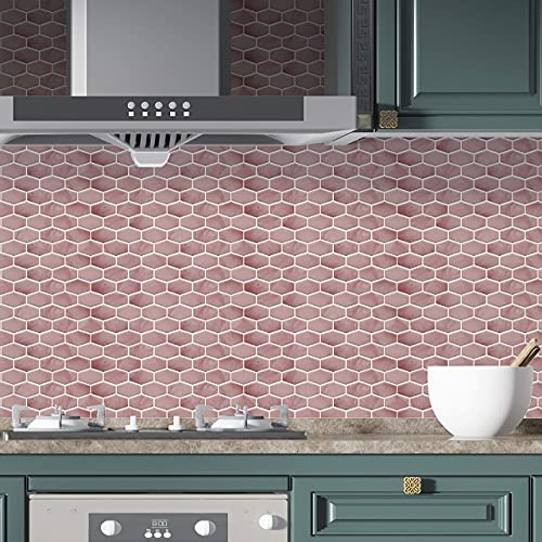 WALPLUS 28.5x14cm@24 pcs Shimmering Rose Honeycomb Hexa Wall Tile Sticker Backsplash Tile Paint Stick on Tiles Peel and Stick Self Adhesive Wall Tiles Stickers for Kitchen Bathroom Tile Transfer