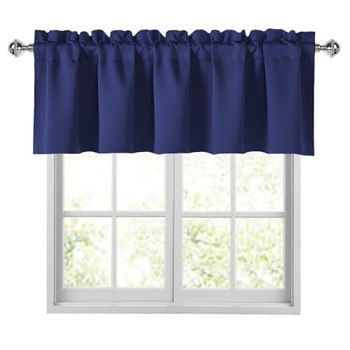 "JIUZHEN Navy Blue Valances for Windows Rod Pocket Room Darkening Small Window Curtains for Kitchen/Bathroom, 52"" W x 18"" L, 1 Panel"