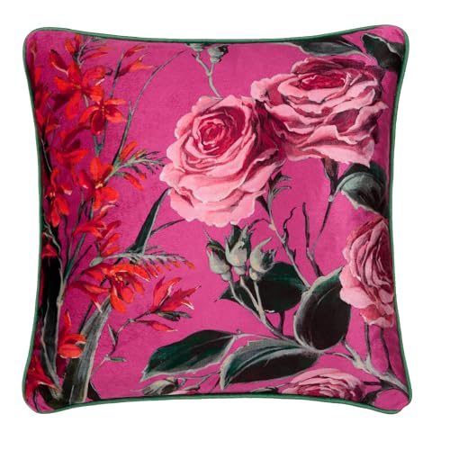 Laurence Llewelyn-Bowen Velvet Pink Floral Cushion 43x43cm – Reversible Stripe Design – Piped Edge – Filled Rose Cushion for Sofa or Bed – 100% Polyester Fill