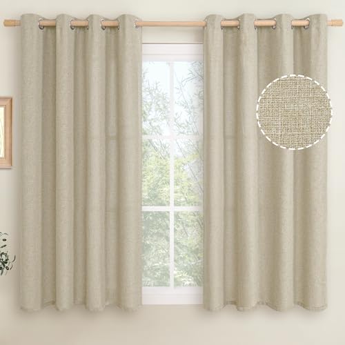 LAMIT Natural Linen Curtains 45 inch Length 2 Panels, Linen Textured Thermal Insulated Bedroom Curtains Grommet Privacy Burlap Boho Drapes for Living Room/Farmhouse, W52 x L45, Camel