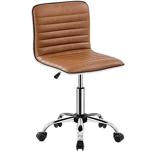 Yaheetech Armless PU Leather Chair Low Back Swivel Comfy Desk Retro Brown