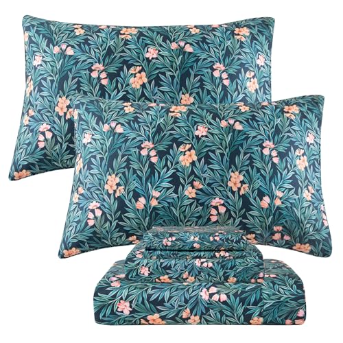 "QSH Floral Egyptian Cotton Sheets King Size - Floral Bedding Sheets Botanical Pattern Printed Bedding King Size Bed Sheets 17.5"" Extra Deep Pocket 4pcs"