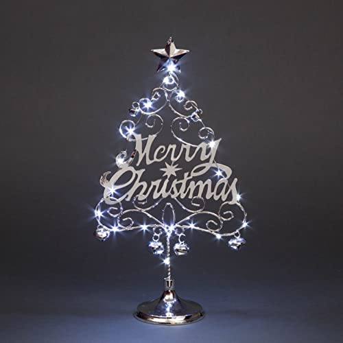 SHATCHI 45cm Pre-Lit Table Top Silver Merry Christmas Tree With Cool White LEDs Bells Star Festive Xmas Holiday Home Office Novelty Decorations