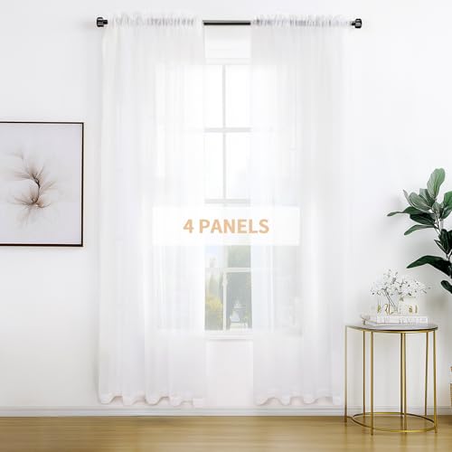 Anjee 4 Panels White Sheer Curtains 96 inches Long Rod Pocket Voile Semi Sheer Curtain Privacy Protection Translucency Window Drapes for Living Room Bedroom Dining Room Party Backdrop,52 x 96 Inch