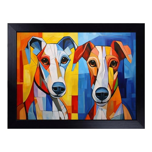 Lap Tray with Bean Bag Cushion, Whippet Cubism - Handmade in the UK, Raised Wooden Edge, Padded Cushion, Heat-Resistant Wipe-Clean Surface, for Meals, Laptops and Crafts
