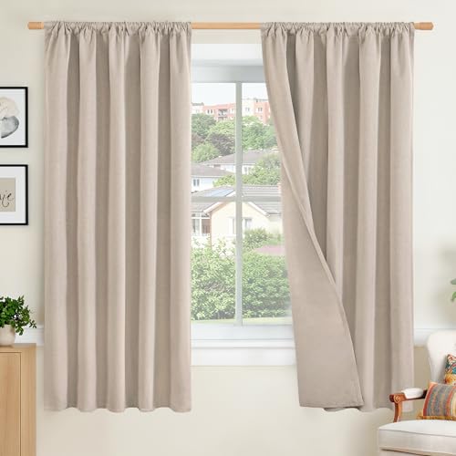 BGment 100% Blackout Linen Curtains for Bedroom 63 Inch Length, Room Darkening Drapes Textured Privacy for Living Room Window with Rod Pocket Thermal Insulated, Oatmeal, 2 Panels, Each 52 Inch Wide