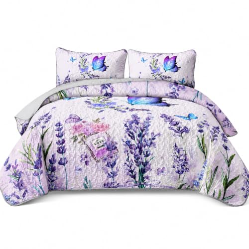 AILONEN Girls Floral Butterfly Quilt Set Twin Size,Beautiful Purple Quilted Bedspread Coverlet for Kids Women,Soft Lightweight Bedding 3 Pieces,1 Quilt,2 Pillowcases