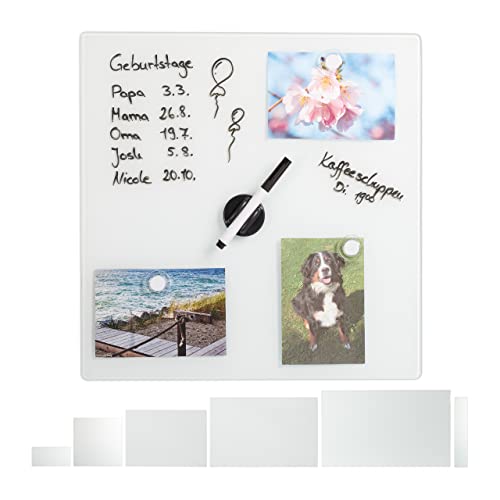 Relaxdays Glass Magnetic Dry Erase Memo Board 40 x 40 cm, Writable, White - 3 Magnets, Safety Glass Magnet Board