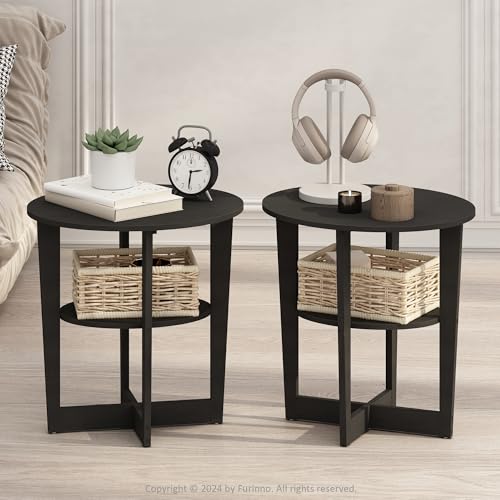 Furinno TIDUR Night Stand Set of 2, 2-Tier Oval Nightstand with Round Edge Tabletop, Open Shelf Bedside Table, End Table, Side Table, for Bedroom, Living Room, Walnut