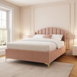 GFW Pettine 4ft6 Double Pink Upholstered Ottoman Bed Frame, Velvet Fabric Storage Bed with Scalloped Winged Headboard and Gold Effect Legs