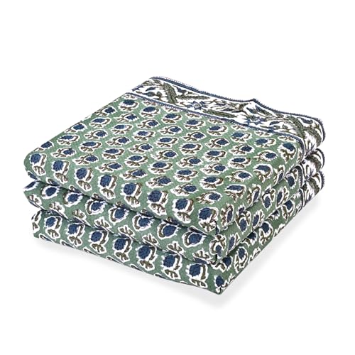 Ridhi Basil Green Hand Block Print Waffle Kitchen Towel Set of 3-16 x28 Ultra Absorbent Quick Dry 100% Cotton Dish Towels Lightweight Reusable Sustainable Tea Towels for Cleaning and Drying