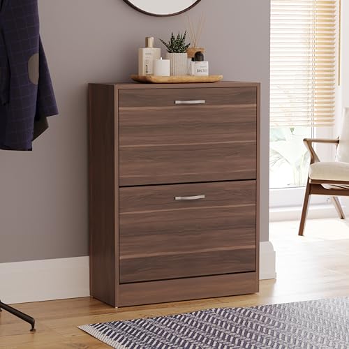 Vida Designs Shoe Cabinet, Wooden Shoe Storage Unit with 2 Pull-Down Drawers, Multifunctional Dust-Proof Space-Saving Slim Cupboard for Hallway or Entryway (Walnut)