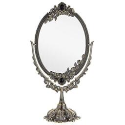 JUXYES Metal Tabletop Antique Decorative Makeup Mirror with Stand, Vintage Swivel Double Sided Cosmetic Mirror with Frame, Retro Desktop Oval Dressing Mirror for Bathroom Bedroom