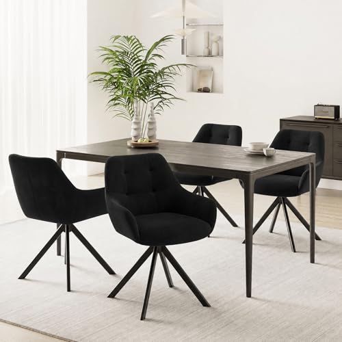 COLAMY 360° Swivel Dining Chairs Set of 4 with Sturdy Metal Base – Luxury Velvet Upholstered Kitchen Chairs with Thick Padded Seat, Button-Tufted Backrest for Home, Dining Room, or Café,Black