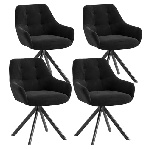 COLAMY 360° Swivel Dining Chairs Set of 4 with Sturdy Metal Base – Luxury Velvet Upholstered Kitchen Chairs with Thick Padded Seat, Button-Tufted Backrest for Home, Dining Room, or Café,Black