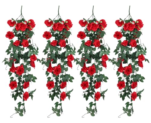 RECUTMS Hanging Rose Flowers Artificial Rose Vine Plants Hanging Flower Garland for Home Room Garden Wedding Indoor Outdoor Decoration (Red)