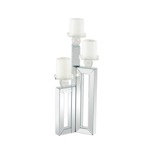 "Deco 79 Wood Pillar 3 Plate Candle Holder with Mirrored Accents, 7"" x 7"" x 21"", Silver"