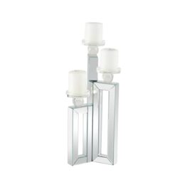 "Deco 79 Wood Pillar 3 Plate Candle Holder with Mirrored Accents, 7"" x 7"" x 21"", Silver"