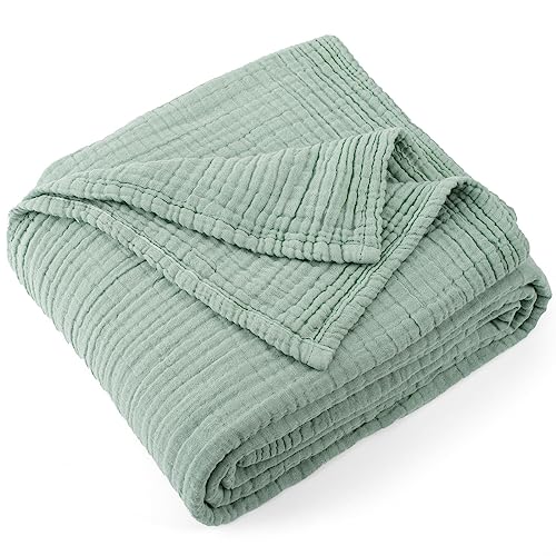 "Carriediosa 100% Cotton Muslin Throw Blanket 4-Layer Pre-Washed Linen Gauze Blankets for Adults Soft Breathable Lightweight Comfort Throws for Bed and Couch, 50""X 70"" Twin Size Sage Green"