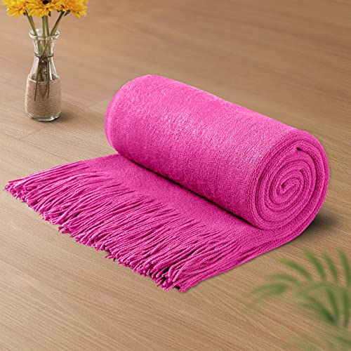 Vonty Hot Pink Knitted Throw Blanket with Tassels Fringe, 50x60 Acrylic - Super Soft And Lightweight, Year-Round Cozy Warmth, Farmhouse Decorative Style, Machine Washable, for Couch, Sofa or Bed