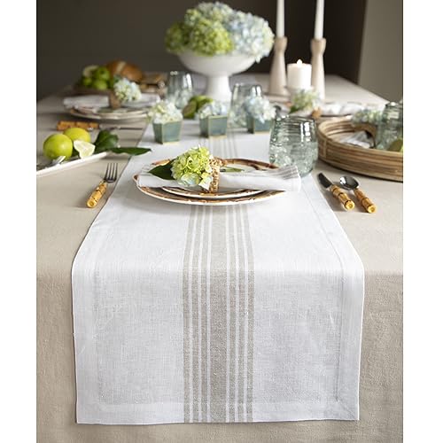 Solino Home 100% Linen Table Runner, 14 x 72 in, Natural and White Striped - for coffee, dresser, decor, Farmhouse, indoor outdoor, gifting, OEKO-TEX Certified - Fall, Halloween, Thanksgiving, Christmas