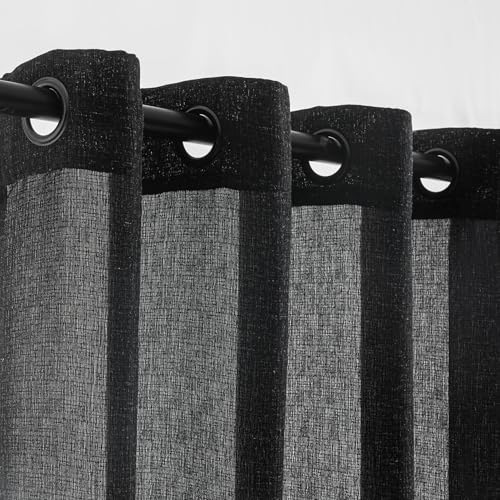 "VOILYBIRD Black Linen Curtains, 96 inches long, black grommets, sheer curtains for bedroom, farmhouse, curtains, wickerwork, 52"" W x 96"" L, 2 panels"