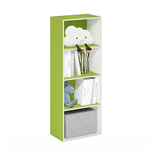 Furinno LUDER Book Shelf, 4-Tier Bookshelf, Bookcase with Open Shelf, 9.3 x 15.6 x 41.7, for Living Room, Bedroom, Home Office, Green/White