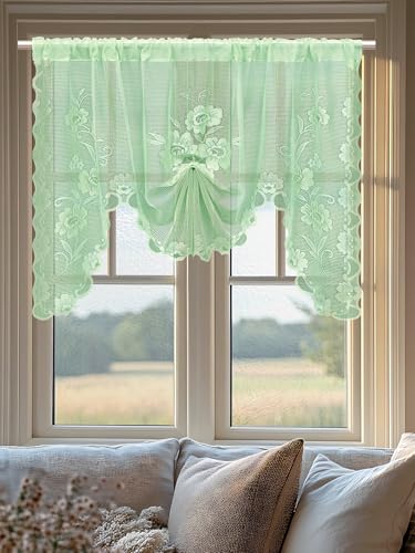 Jayla Green Semi-Sheer Floral Lace Curtain Swag for Kitchen Half Window Bathroom Decoration Rod Pocket,39 x 39 Inch, 1 Panel