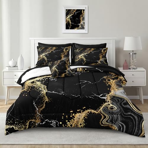 Herside Marble Queen Comforter Set 8 Pieces,Black and Gold Queen Bed in a Bag,Modern Marble Texture Luxury Bed Set with Comforter, Pillowcase, Flat Sheet, Fitted Sheet and Cushion Cover