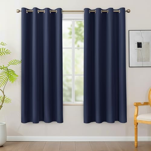 Bonzer 100% Blackout Curtains for Bedroom - Light Blocking Thermal Insulated Window Drapes with Black Laminated Backing, Single Layer Total Room Darkening Curtain, 54 x 72 Inch, Navy Blue, 2 Panels