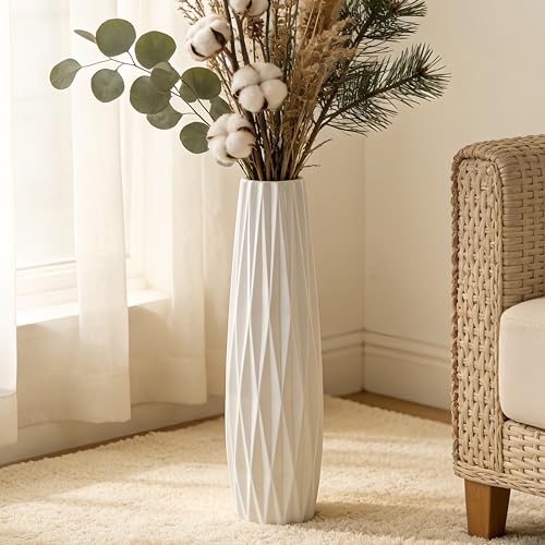 White Floor Vase 24 Inches Tall Ceramic Flower Holder Decorative Large Vases for Table Centerpieces Shelf Home Decor Living Room Branches Sky-Dried Flower Arrangement Simple Decorative