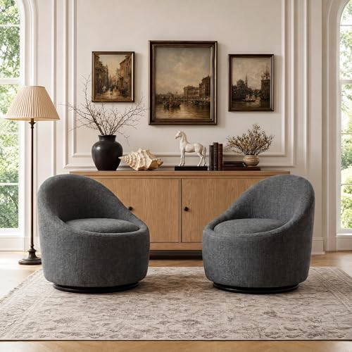 Barrel Swivel Accent Chair with Hidden Storage, 360° Rotating Lounge Chair, Upholstered Breathable Fabric, High Density Foam Seat, Modern Round Armchair for Living Room Bedroom,Dark Grey