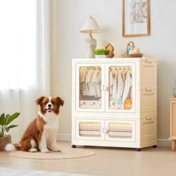 GarveeMore Collapsible Wardrobe, Portable Cabinet, Plastic Folding Chest of Drawers with Clothes Rail, Wardrobe with Double Doors, Foldable Multipurpose Cabinet with Wheels (1 Hanger + 1 Storage)