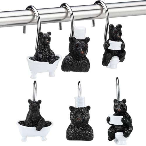 Roowest 12 Pcs Black Bear Shower Curtain Hooks Funny Bear Shower Curtain Hooks Stainless Steel Rust Resistant Rings Hangers for Winter Farmhouse Rustic Bathroom Decor