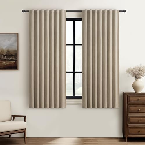 "Grey Beige Short Small Window Room Darkening Curtains 54 Inches Long for Bedroom/Basement, Boho Linen Winter Thermal&Soundproof Blackout Curtains Back Tab Pleated with Hooks (50"" Wx54 L 2 Panels Burg)"