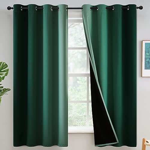 Yakamok 100% Blackout Dark Green Curtains 63 inches Long for Living Room - Room Darkening Ombre Curtain for Bedroom Grommet Light Blocking Thermal Insulated Gradient Drapes???2 Panels???52W x63L