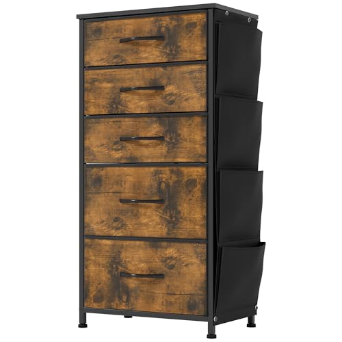 YITAHOME Narrow Chest of Drawers with 5 Drawers, Fabric Drawers with Side Pocket&Hooks,Easy Pull Handle,Sturdy Steel Frame,Storage Drawers for Bedroom, Closet, Clothes,Rustic Brown