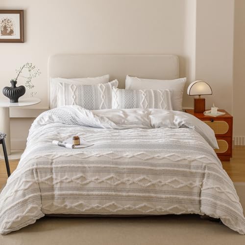 CLOTHKNOW White Black Comforter Set Full Size Jacquard Clipped Bedding Sets - Bohemian Bedding Comforter Sets, Soft Farmhouse All Season Comforter