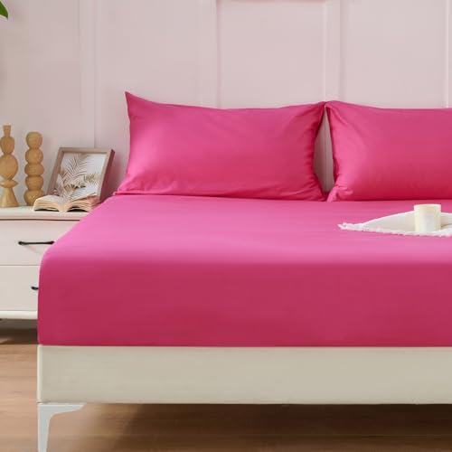 Homiest 3PCS Pure Cotton Fitted Sheet & Pillowcase Set, King Size, 400 Thread Count, Soft & Breathable, 15 Inch Deep Pocket, Luxury 5-Star Hotel Quality Cotton Sheets, Hot Pink