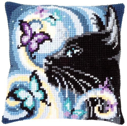 Vervaco Cross Stitch Embroidery Kits Cushion Embroidery Set Beginners Pre-Printed Cat with Butterflies DIY Set Creative Set for Adults 40 x 40 cm Craft Kit Craftsman Home Decoration