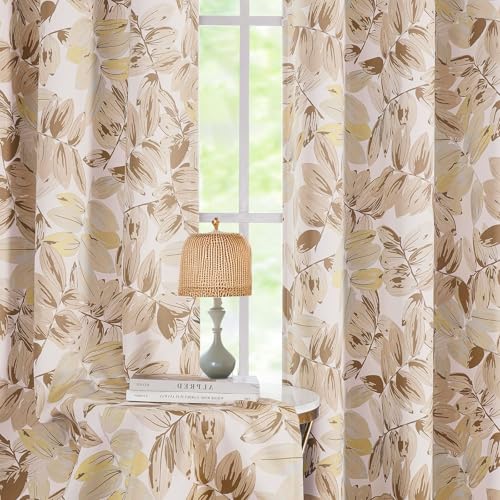 BROSHAN Vintage Patterned Black Out Curtains for Bedroom 84 Inches Long-Tan Beige Grommet Thermal Insulated Drapes for Living Room Darkening Window Curtains,2 Panels Set, Leaf Print Design