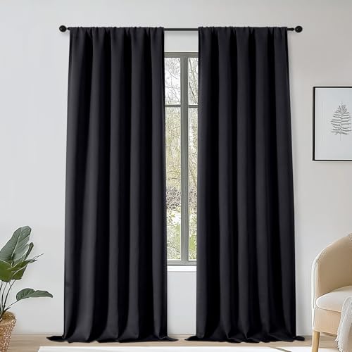 OWENIE Sally Black Blackout Curtains 96 Inches Long 2 Panels Set for Bedroom Living Room, Solid Thermal Insulated Privacy Room Darkening Window Treatment Drapes, 2 Pcs Each W50 x L96 Inch, Black