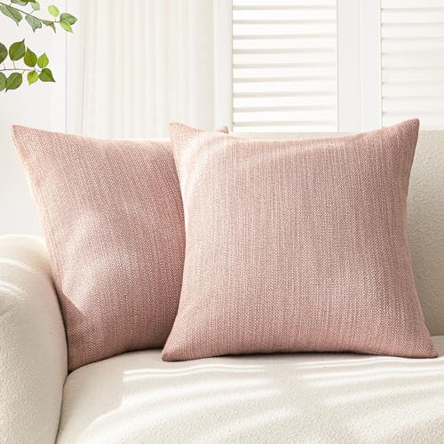 Foindtower Set of 2 Decorative Textured Burlap Linen Throw Pillow Covers Farmhouse Boho Cushion Cover Solid Accent Pillowcase for Couch Sofa Bed Living Room Home Decor,20??20 Inch,Dusty Pink