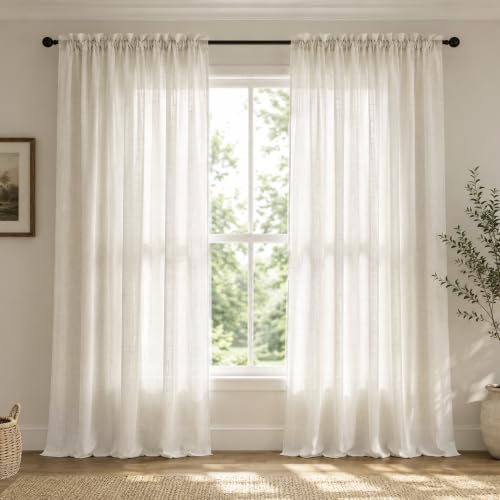 "Natural Linen Sheer Window Curtains Light Reducing for Bedroom Total Width 120"" x 90"" Long, 5x7ft Long, 2 Pack, Rustic Decor with"