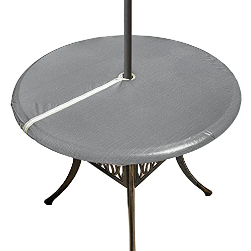 "Xikaywnt Round Fitted Vinyl Table Cloth Outdoor Tablecloth with Zipper and Umbrella Hole 100% Waterproof Wipe Clean PVC Table Cover for Party, Picnic and Patio, 45"" - 56"", Dark Grey"