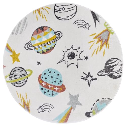 Hanse Home Adventures Children's Rug, Round - Planets Universe Space Ship Stars Rug Boys Girls for Children's Room, Playroom, Teenager's Room, Living Room - Colourful, 140 cm